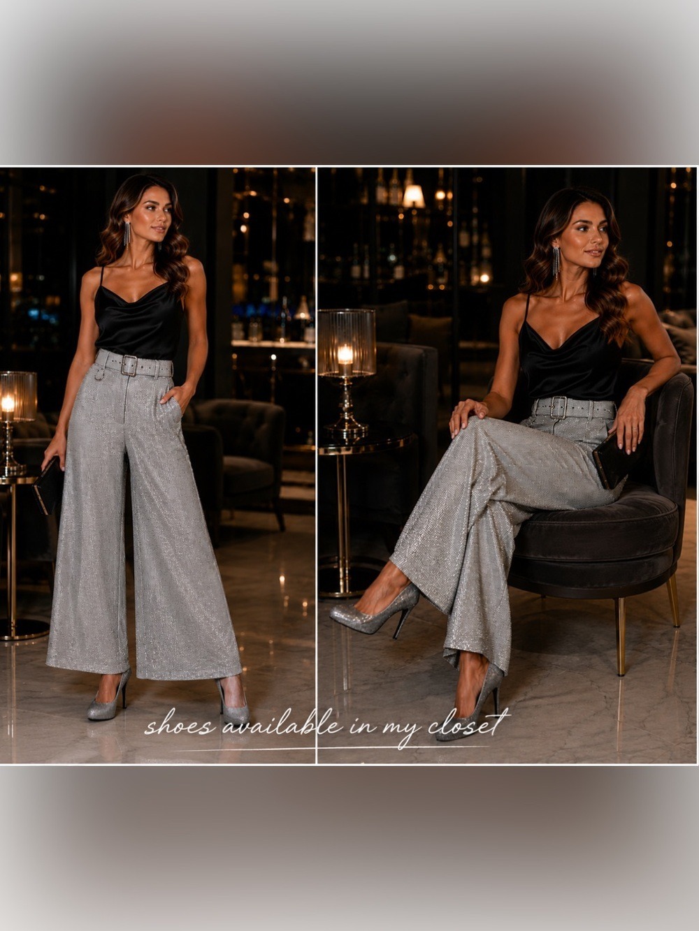 Ammo Gray Metallic silver rhinestone diamanté hotfix belted wide pants